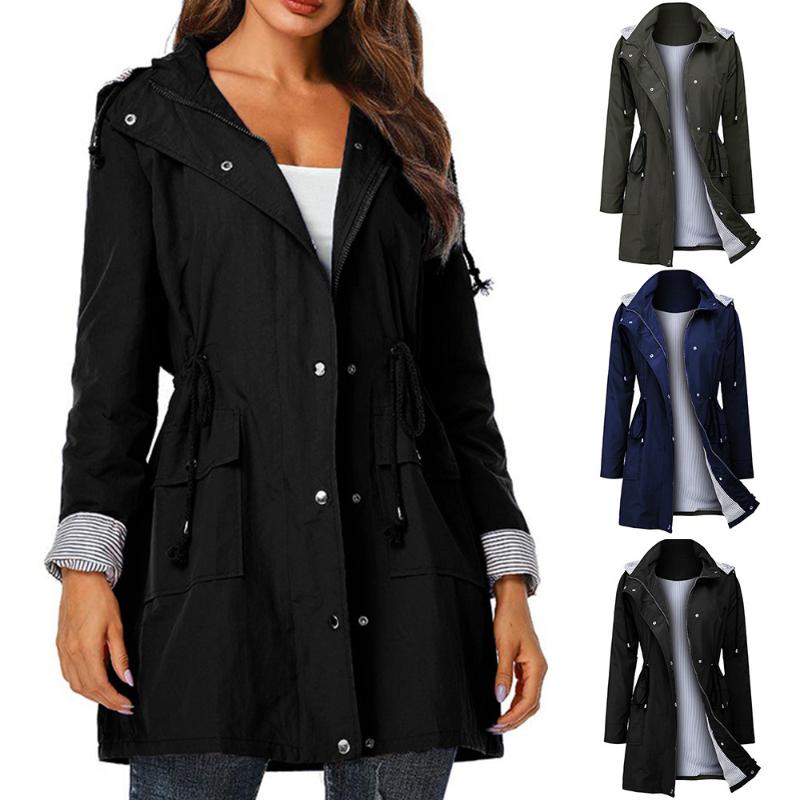 

2020 Autumn Winter New Women' Jacket Hooded Waist Waterproof Raincoat Womens Trench Long Coat, Black