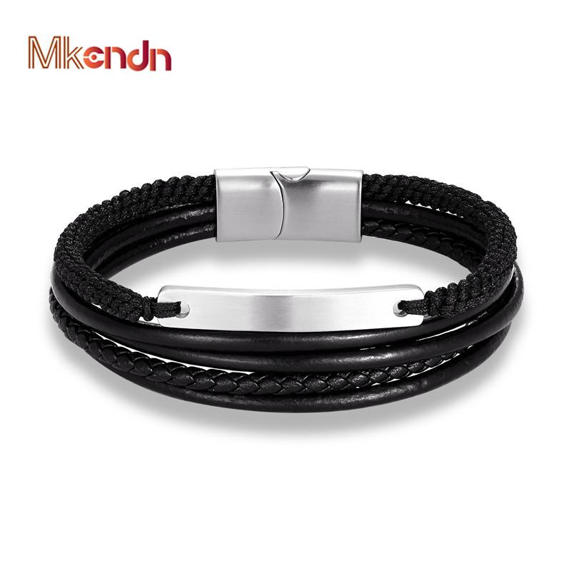 

MKENDN Fashion Braid Multilayer Genuine Rope Leather Bracelet Stainless Steel Accessories Magnetic Clasp Wristband Male Jewelry