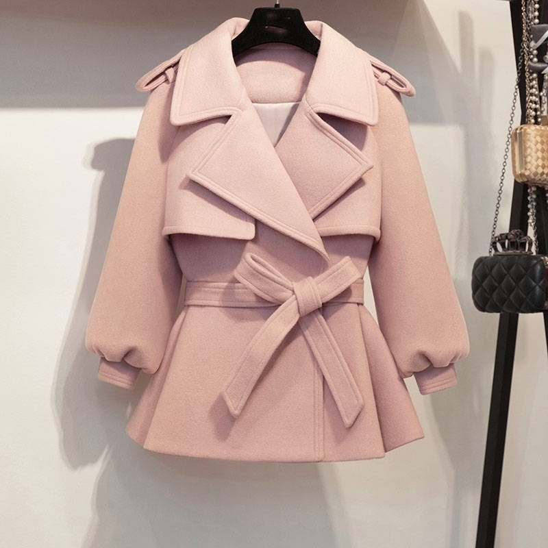 

New Autumn Winter Coat Women Woolen Short Jacket Female Vintage Slim Jackets Belt Pink Coats Casaco Feminino 201112, Pink jacket