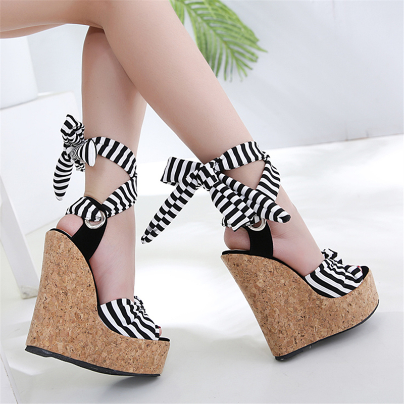 

2021 New Women Stripe Braces Sandals High-heel Wedges 16cm Sexy Foot Woman Shoes Fall LBXY, Nude