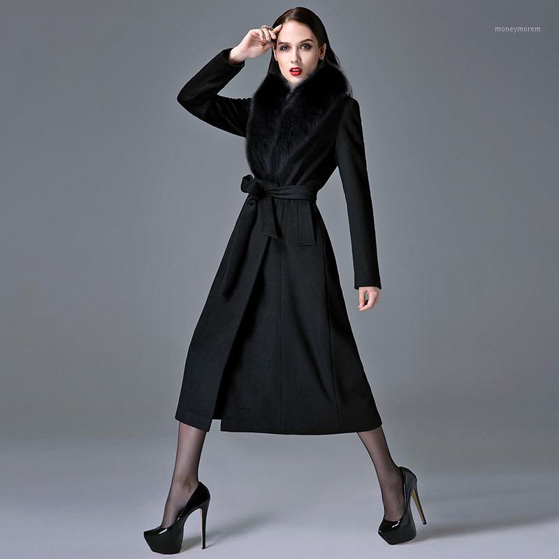 

Cashmere Coat Woman Autumn Winter Overknee Thick Warm Wool Coat Real Fur Collar Oversize Thickened Woolen Trench black1, Picture fur uucollar
