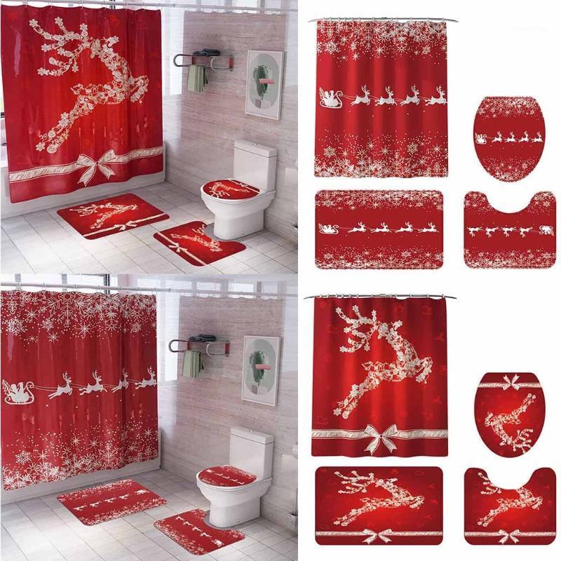 

1set Christmas Snowman Print Toilet Bathroom Mat And Shower Curtain Four-Piece Set Christmas Decoration for home navidad1