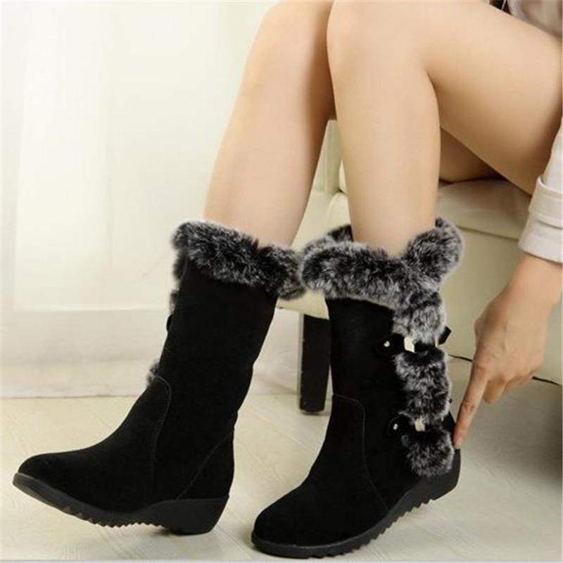 

New Winter Women Boots Casual Warm Fur Mid-Calf Boots shoes Women Slip-On Round Toe wedges Snow shoes Muje Plus size 42, Brown