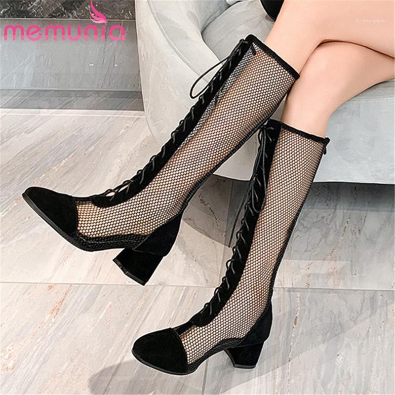 

MEMUNIA 2021 Hot Sale Knee High Boots Women Suede Leather Thick Heel Casual Party Shoes Fashion Sexy Mesh Boots Ladies Black1, Black