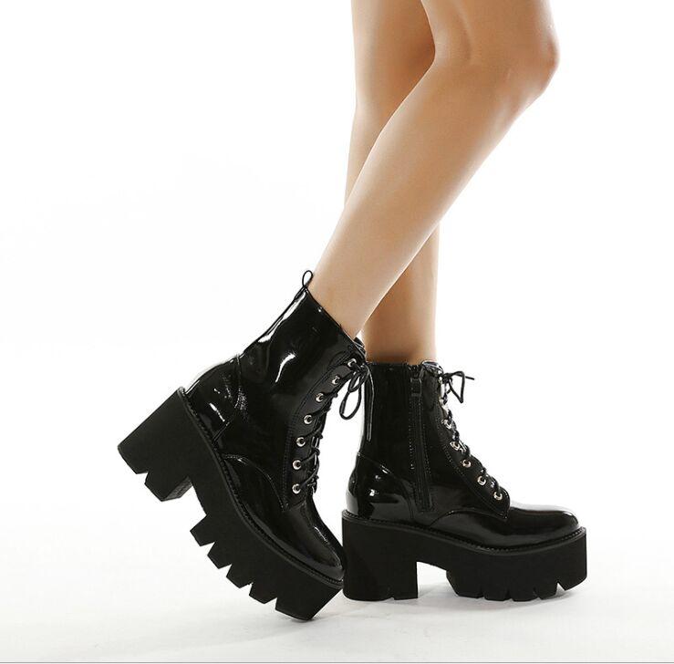 

Woman Lace Autumn Boots Womens Ladies Chunky Wedge Platform Black Patent Leather Ankle Boots Punk Goth New Arrival 2021