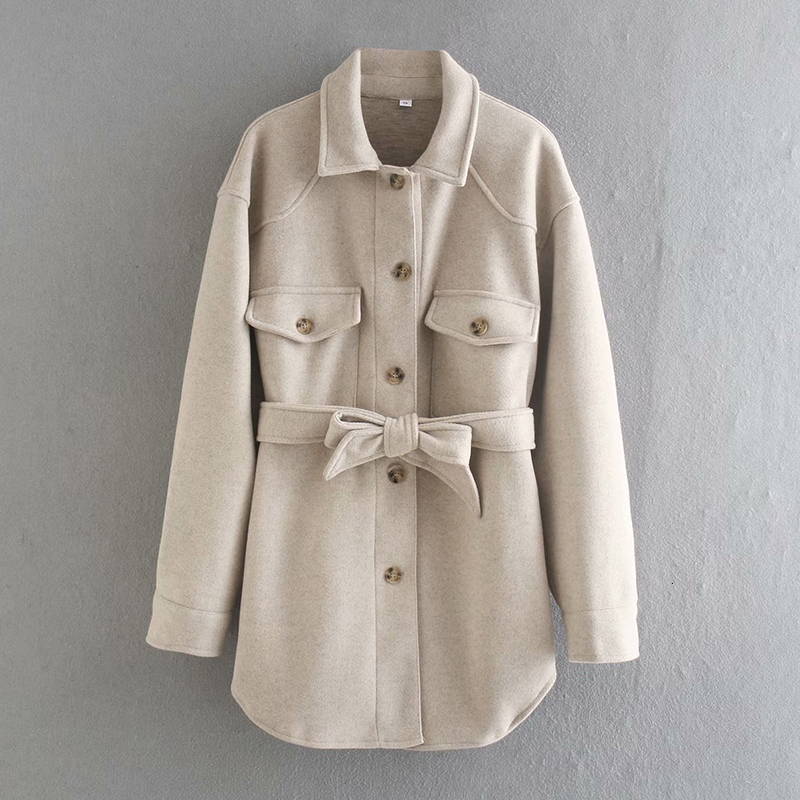 

2021 New Women's Winter Jacket Single Breasted with Belt Streetwear Thick Hot Beige Wool Chic Outwear HOXT