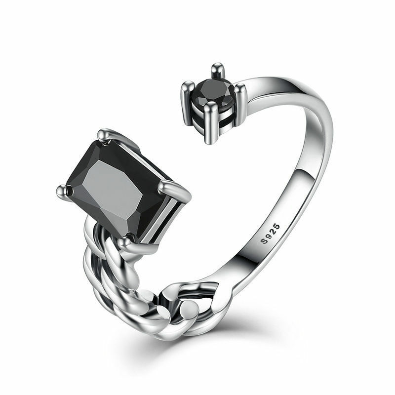 

Vintage 925 Sterling Silver Black CZ Adjustable Open Cuff Ring Jewelry Gift