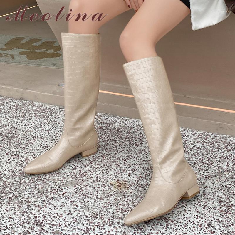 

Meotina Knee High Boots Women Pointed Toe Low Heel Long Boots Shoes Slip On Thick Heels Fashion Ladies Brown Size 33-401, Black synthetic lin