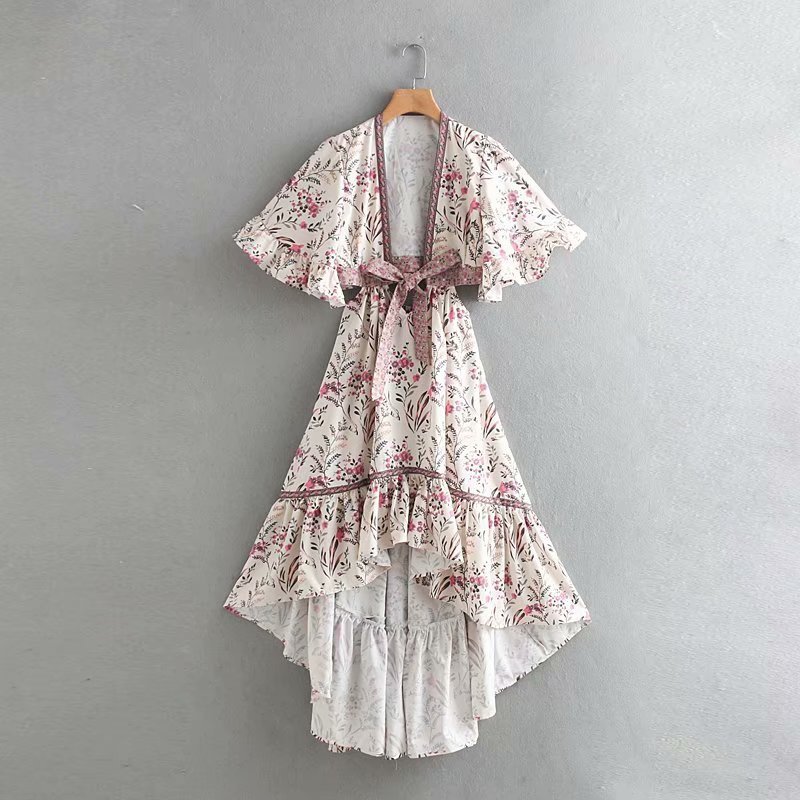 

2021 New European and Female Bohemian Summer with Low-cut Cut Cut-off Printed Ribbon Irregular Dress Mot8