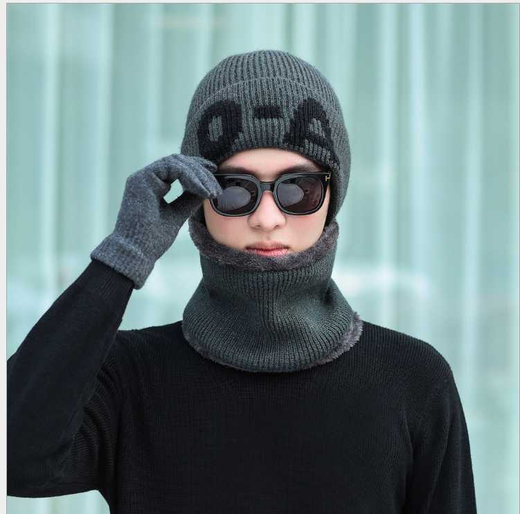 

Men's hat woollen hat collar gloves Korean fashion men's winter Plush thick wool warm cover cycling windbreak cap