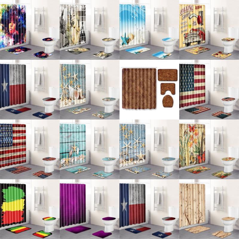 

Bath Mats 4pcs 2022 European And American Retro Bathroom Four-Piece Waterproof Shower Curtain Bedroom Carpet Floor Mat Non-Slip