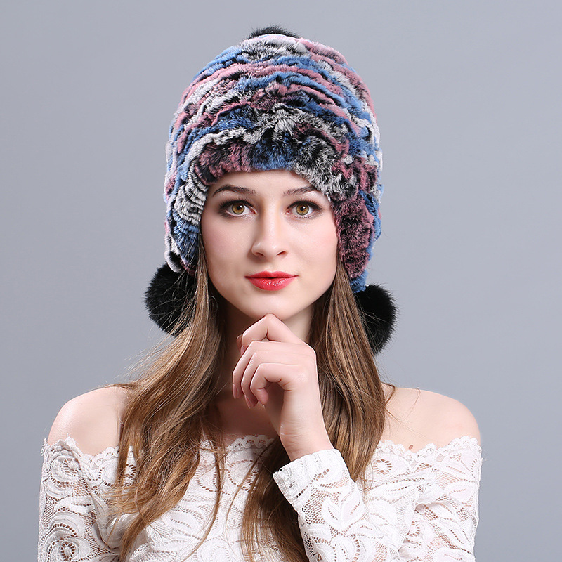 

Hat winter ladies rex fur ear protection hat thick warm knit