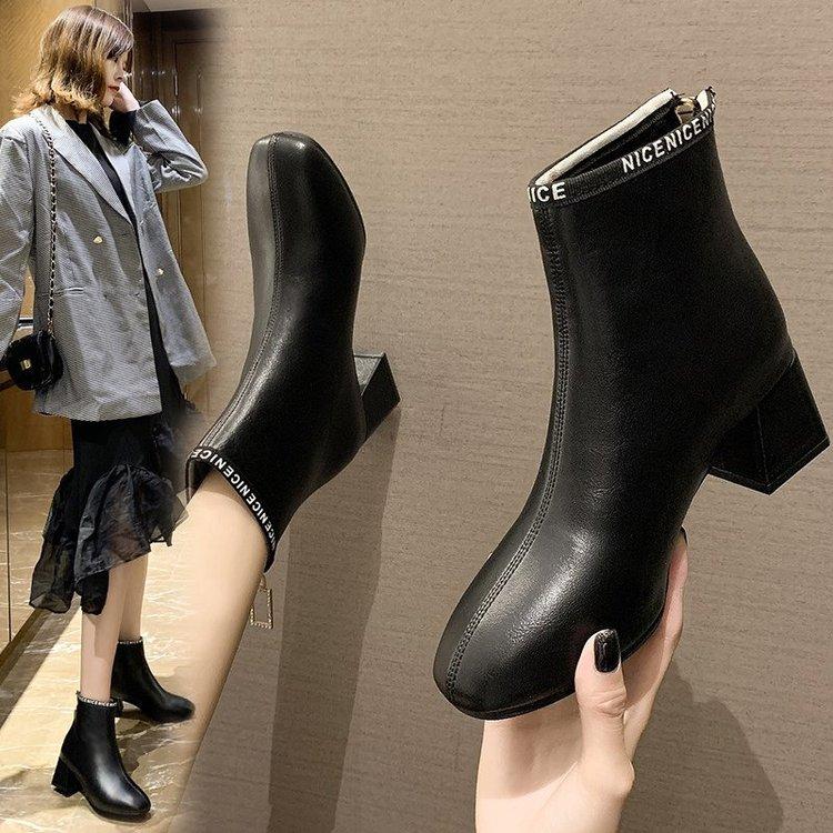 

2020 Autumn Women's Shoes Boots ZIP Solid Square Toe Fashion Leisure Sexy Med Heels All-match Non-slip Warm Riding Boots, Black