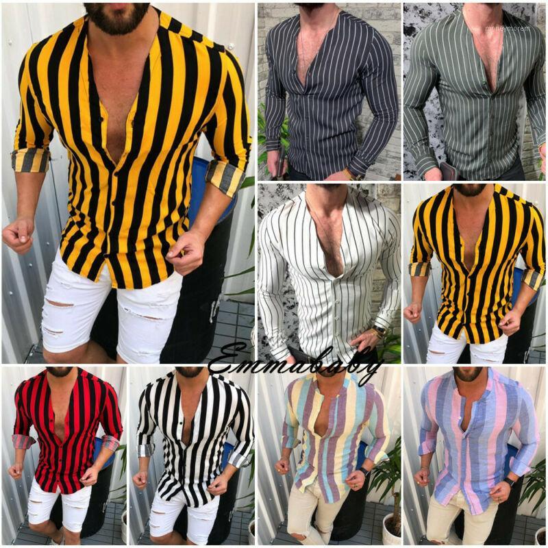

Men's Long Sleeve Shirt Summer Cool Slim Casual V-Neck Shirts Tops -3XL Male Top Shirts Striped Clothing1, Black
