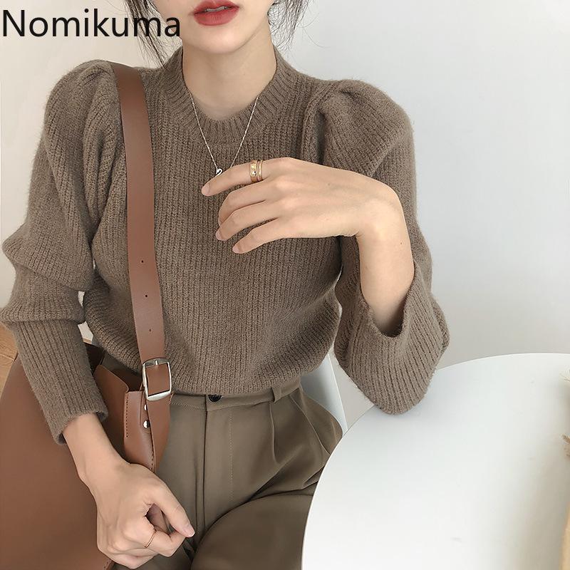 

Nomikuma Vintage Puff Long Sleeve Pullover Knitwear Korean Causal O-neck Women Knit Tops 2020 Autumn Winter Basic Sweater 6D652, Black
