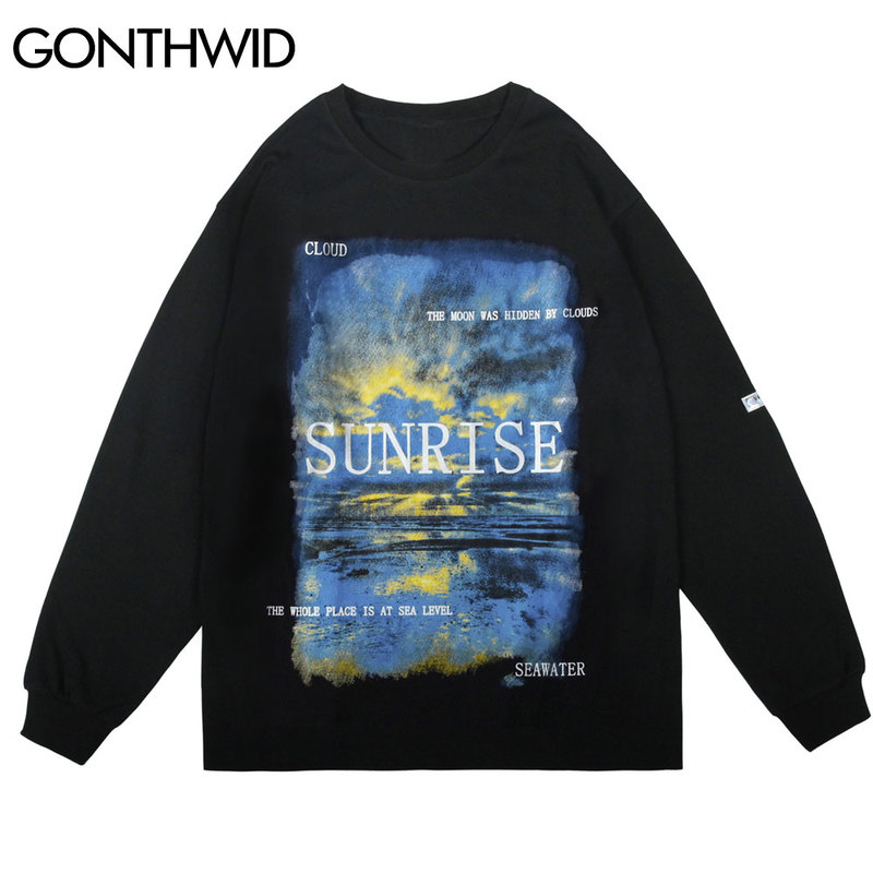 

Long Sleeve Tshirts Streetwear Hip Hop Harajuku Sunrise Sea Print Casual Loose Cotton Tees Shirts Fashion Shirts Tops, White