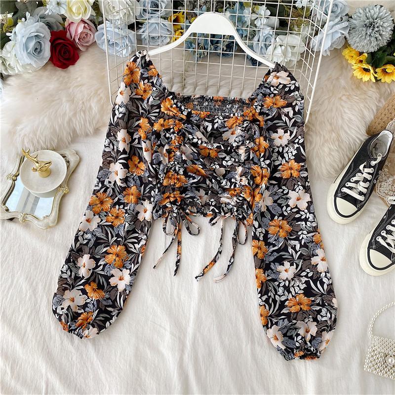 

Vintage Floral Chiffon Women Blouse Summer 2021 New Square Collar Long Sleeve Drawstring Slim Shirts Lady Ruched Crop Tops, Black