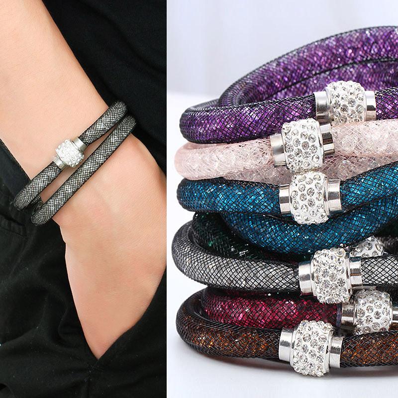 

Bangle Fashion Jewelry Handmade Bracelets Women Charm Rhinestone Double Mesh Full Crystal Magnetic Slimming Clasp Wrap