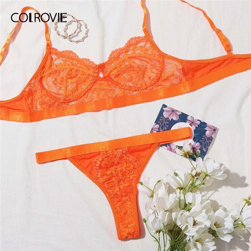 

COLROVIE Neon Floral Lace Bra and V-Strings Thong Lingerie Set Women 2020 Autumn Solid Stretchy Underwear Sexy Sets, Blue