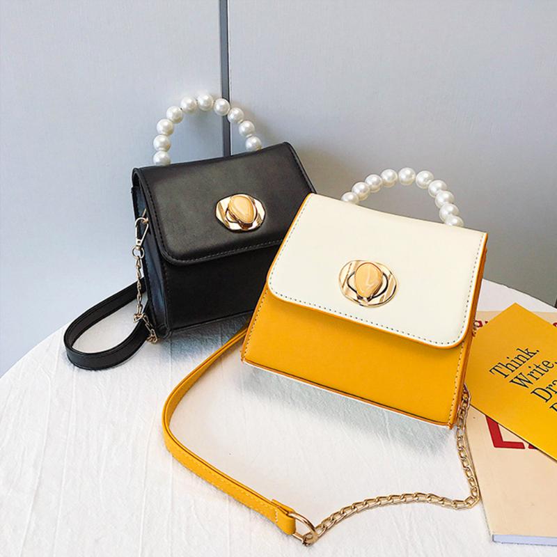 

Leather Bag Women Mini Luxury Contrast Color Small Handbags With Pearl Chain Designer Crossbody Bags Elegant Lady Clutch Purse, Black