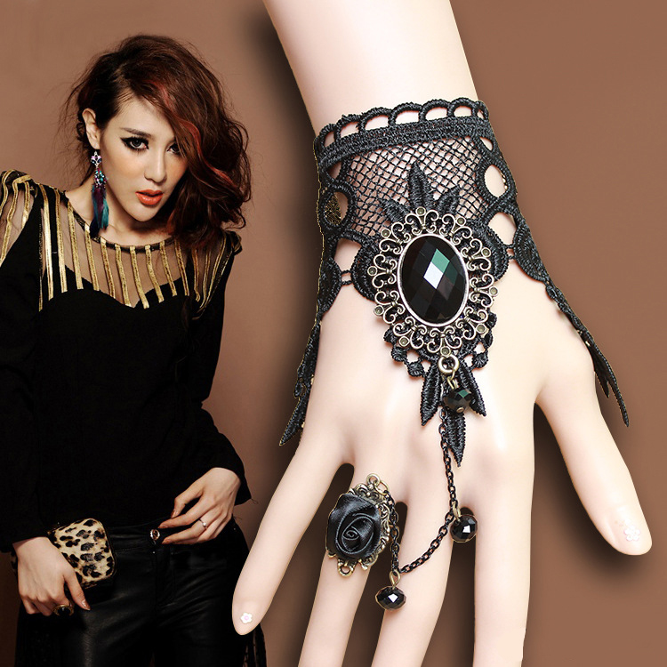 

Black Lace Rhinestone Bracelet Bangle Rose Rings Wrist Finger Connected Jewelry For Lolita Cosplay Harajuku Rock Nu Goth Stage