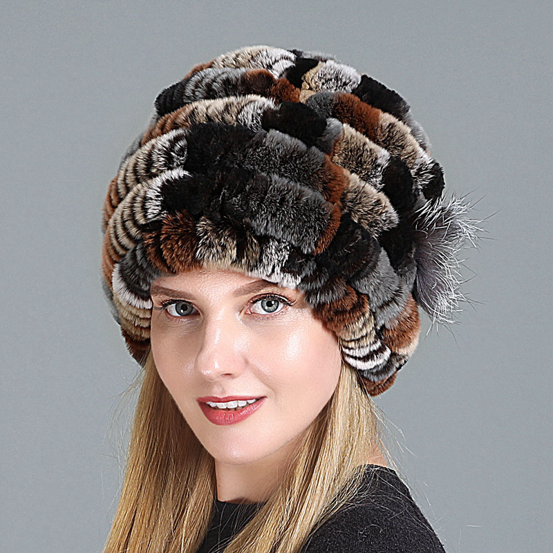 

Russian Winter Real Fur Earflap Hat Women Knitted Genuine Rex Fur Skullies Cap DIY Warm Soft Rex Beanies Caps, Color2