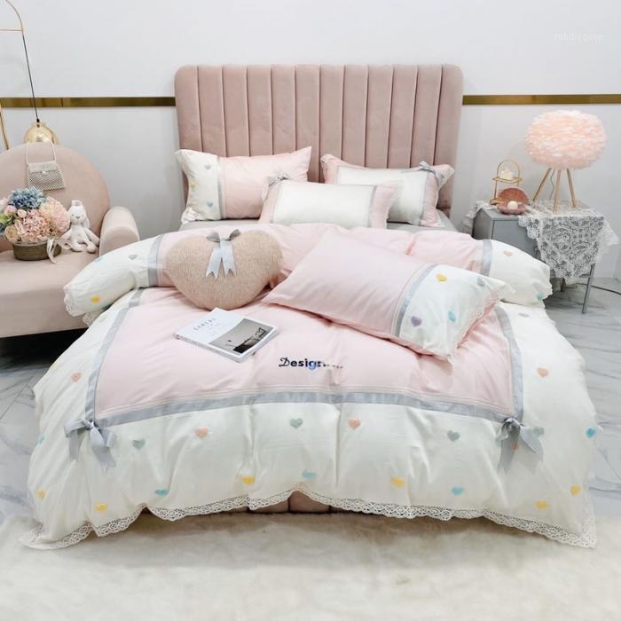 

Pink heart embroidery bedlinen Bedding Set King Queen Size Bed Linen 600TC egyptian Cotton Duvet Cover Bed Sheet Set Pillowcases1