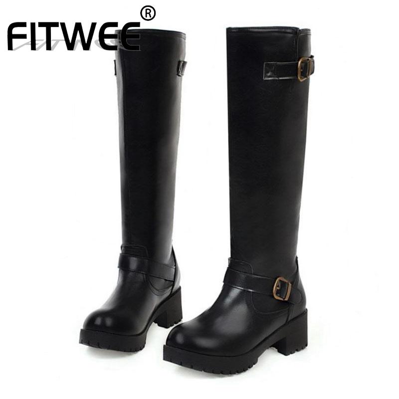 

FITWEE Chunky Heels Women Winter Knee High Boots Daily Buckle Zipper Round Toe Platform Warm Shoes Woman Footwear Size 34-43, Black