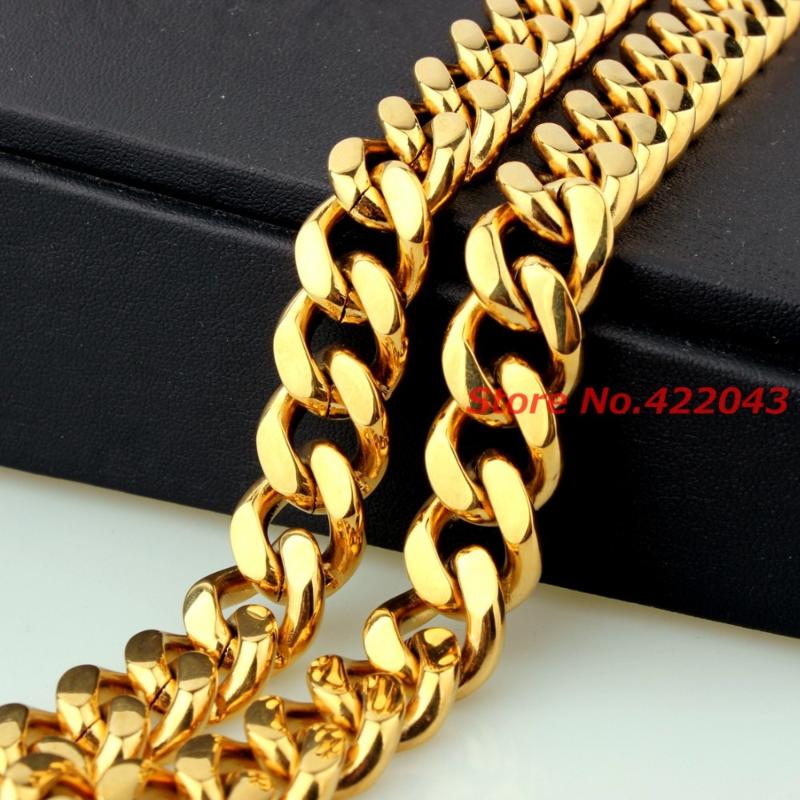 

Fashion Men's 10/12/15MM Chain Necklace Gold color 316L Stainless Steel Link Cuban Curb Chain Necklace Bracelet For Jewelry