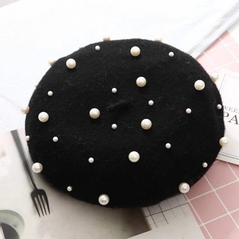 

2020 Wool Women Winter Berets Luxury Pearl Rivet Vintage Cashmere Female Warm Beret Hats Girls Flat Cap Beret For Women1, Yellow