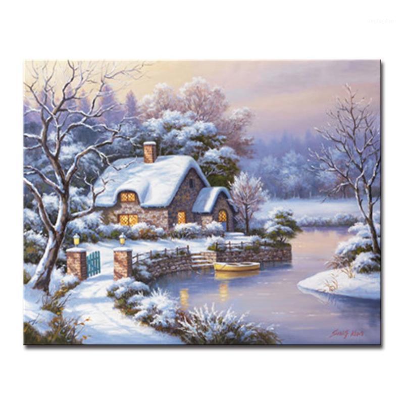 

DIY Oil Painting By Numbers Kits Coloring Handpainted Winter Night Small House Lakes Canvas Pictures Home Decor Wall Art Framed1