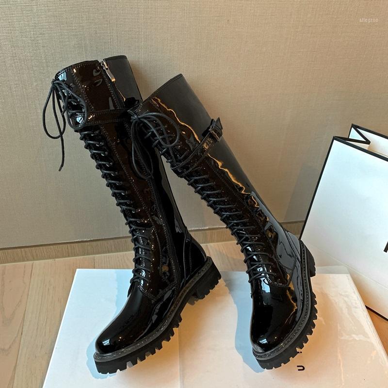

new autumn winter riding boots ladies med heel boots full leather knee high women fashion lace-up thigh high shoes woman1, Black patent leather