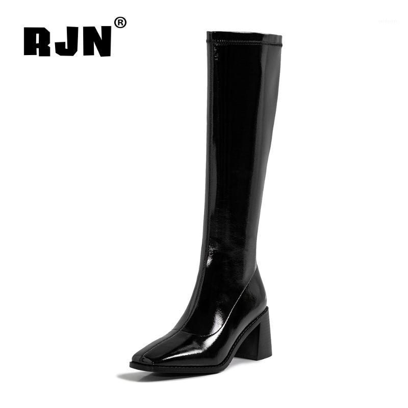 

RJN Fashion Concise Style Winter Warm Knee High Boots Woman Genuine Leather Square Toe High Square Heel Long Boots RO4241, Black microfiber