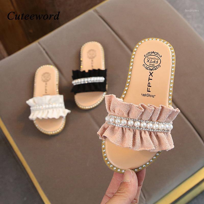 

Girls Slippers Kids Shoes 2020 Summer New Fashion Lace Pearl Leather Girl Sandals Soft Bottom Non-slip Flats Toddler Slippers1, White