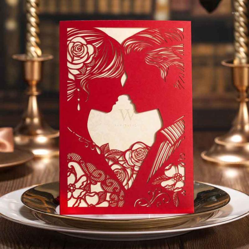 

100PCS Wishmade Laser Cut Wedding Invitations Cards with Bride and Groom Kiss Engagement for Marriage Bridal Shower CW0201