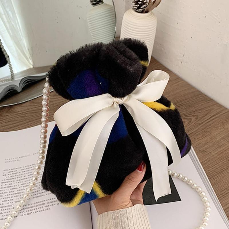 

Ribbon Bow Drawstring Bucket bag 2021 Winter New High-quality Soft Plush Contrast color Pearl strap Shoulder Messenger Bag, Black