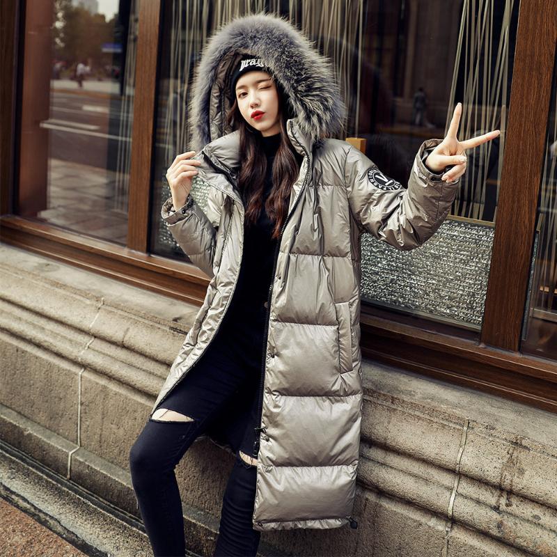 

fashion big hair collar down jacket women 2020 new style long style over the knee thickened white duck down coat, See chart