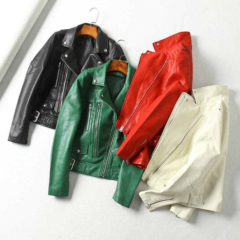 

New 2020 Women Autumn Black Faux Leather Basic Jackets Turn-down Collar Zipper Rivet Pu Motorcycle Short Biker Punk Outwear, Beige