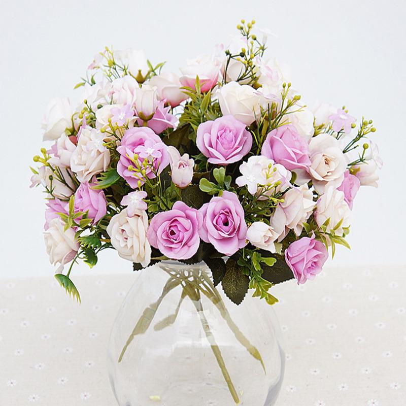 

13 head / 1 bunch artificial lace small rose home wedding simulation decorative fake flower bouquet wholesale, Yellow