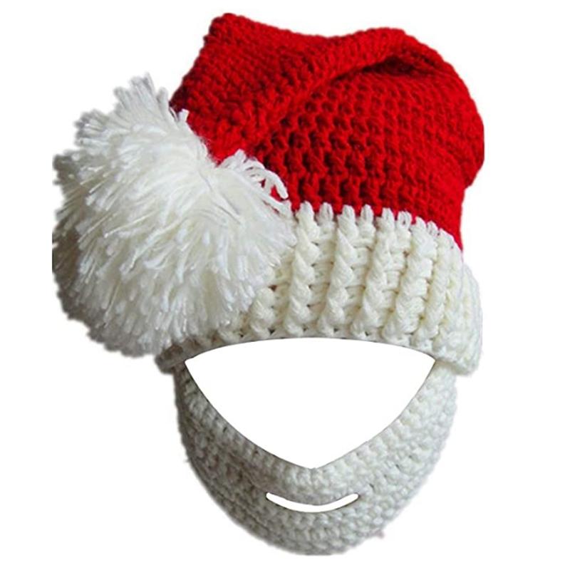 

Unisex Christmas Winter Knitted Crochet Beanie Santa Hat with Beard Foldaway Bearded Caps