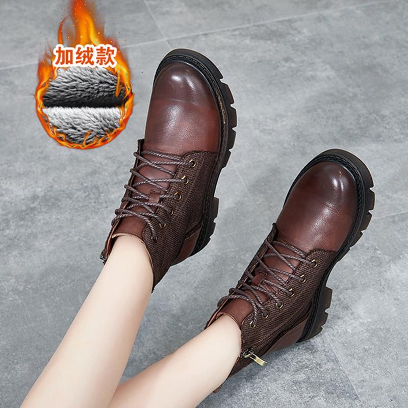 

boots women 2020 winter new Leather plus velvet round head women's boots retro thick-heel lace-up short women, Cloth inside
