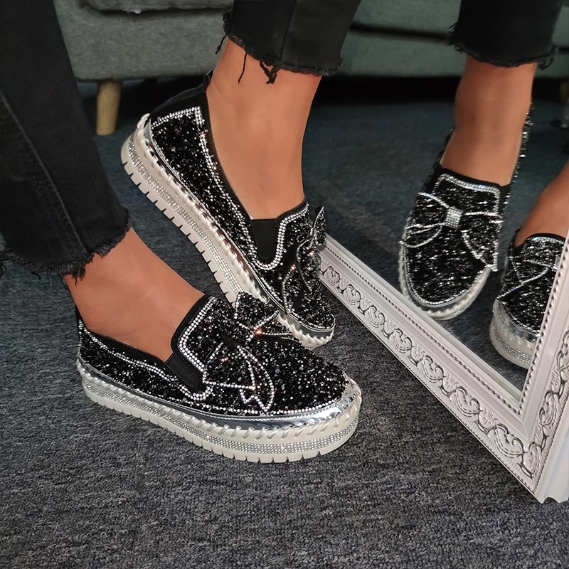 

2021 New Women Spring Shining Rhinestone Slip on Loafers with Cute Bowknot Thick Botton Casual Female Ladies Flat Shoes Sq9l, Black