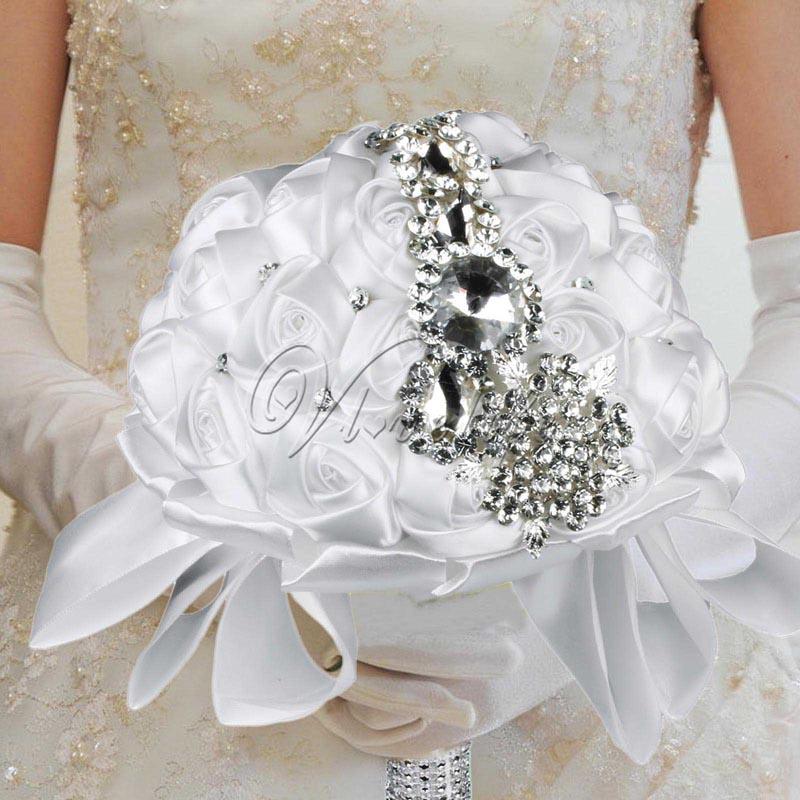 

Wedding Bridal Bouquet Luxurious Satin Rose Flowers With Crystal Beaded Rhinestone Satin Ribbon Bow for Wedding Party Decoration, White