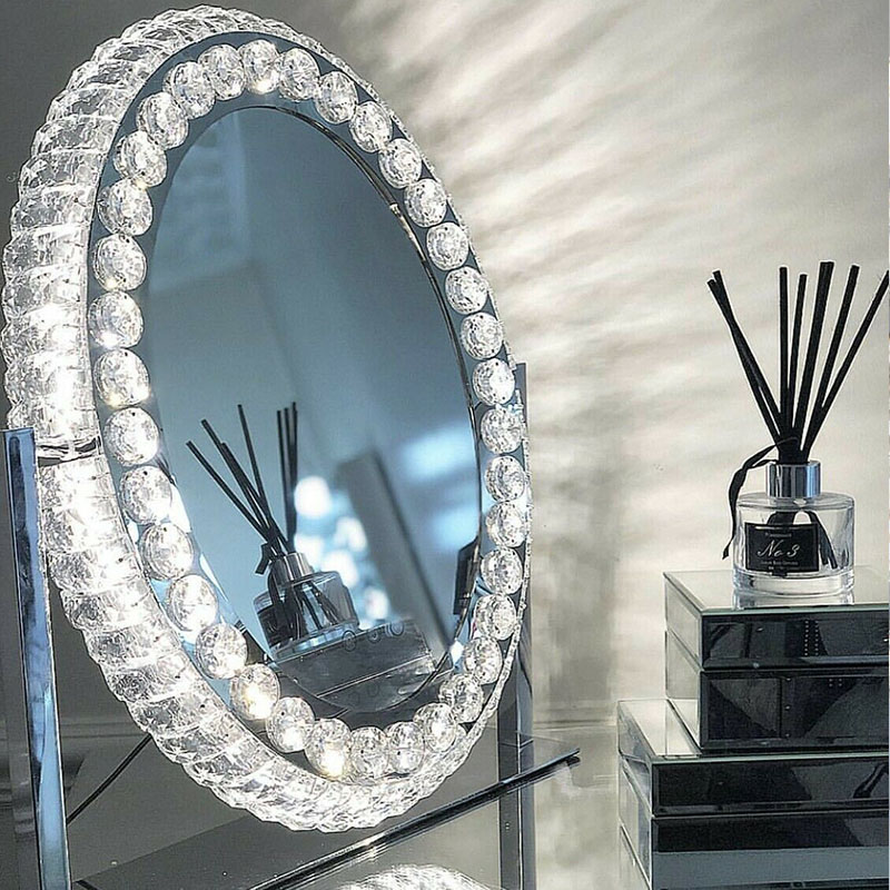 

Oval Crystal Makeup Hollywood Vanity Mirror With 3 Color Modes LED Lights For Dressing Room, Bedroom, Tabletop