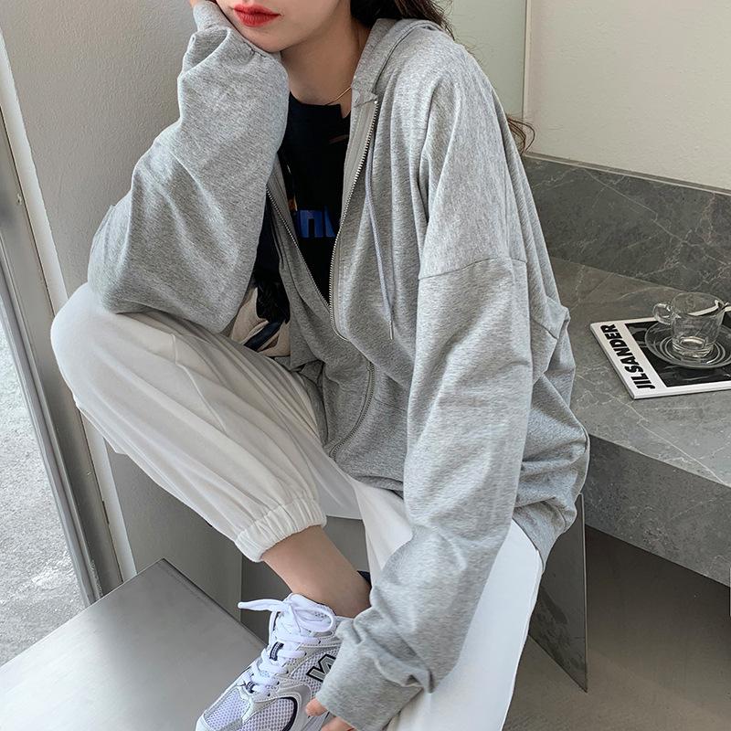 

Women's Hoodies & Sweatshirts Korean Version Loose Thin Long-sleeved Hooded Sun Protection Coat Solid Color Retro Shirt Student Girl Top, Black