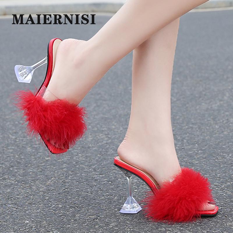 

New Brand Women Shoes Slippers 2020 Summer Square Toe Fish Mouth Wine Glass High Heels 9CM Female Fashion Plus Size Hairy Shoes, Black