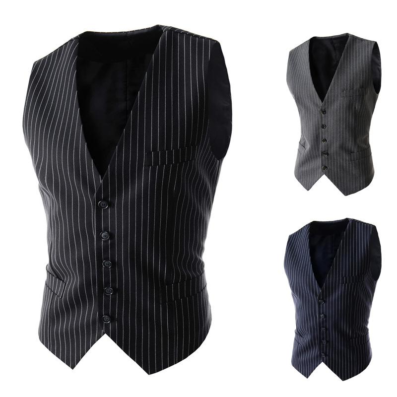 

2021 New Men Striped Vest Single-breasted Casual Slim Jacket Business Vest Waistcoat Men Vests Mens Suit Fit Mens, Black