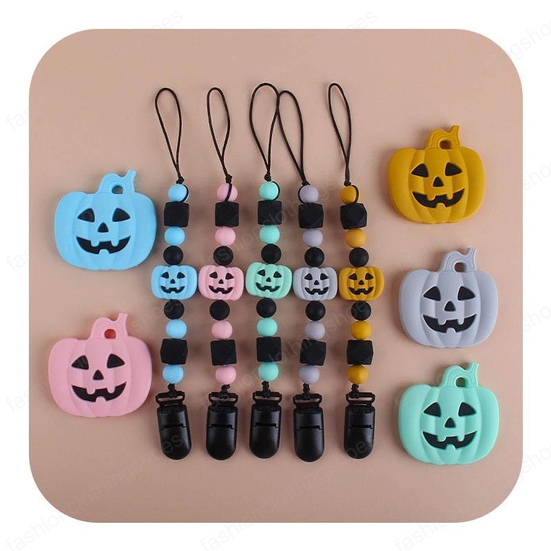 

new Halloween silicone pacifier clips chain+baby teether 2pcs/set Cartoon Holder Clip Bead Chains Feeding teething beads