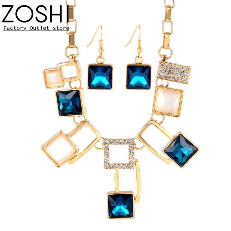 

Earrings & Necklace Luxury Acrylic Wedding Jewelry Sets For Women Black Blue White Square Pendant Choker Statement Drop Gift, As pic