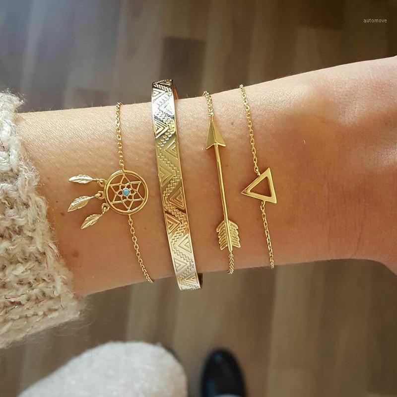 

ALIUTOM 4 Pcs/set Bohemian Vintage Leaf Gem Geometric Arrow Crystal Chain Gold Bracelets Ladies Exquisite Beach Bangle Jewelry1